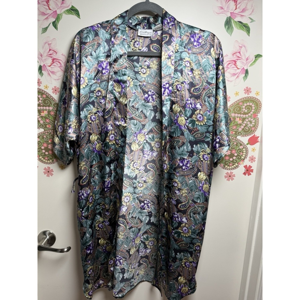 Kathryn Vintage Floral Paisley Kimono‎ Duster Robe Women's Small Purple Green
